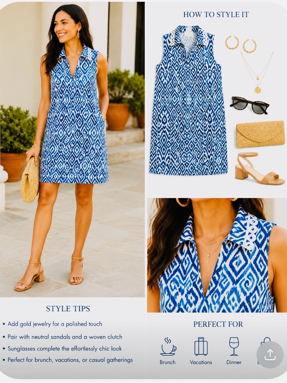 NWOT. Papagallo. Sleeveless Blue Ikat Shift Dress -Size L.